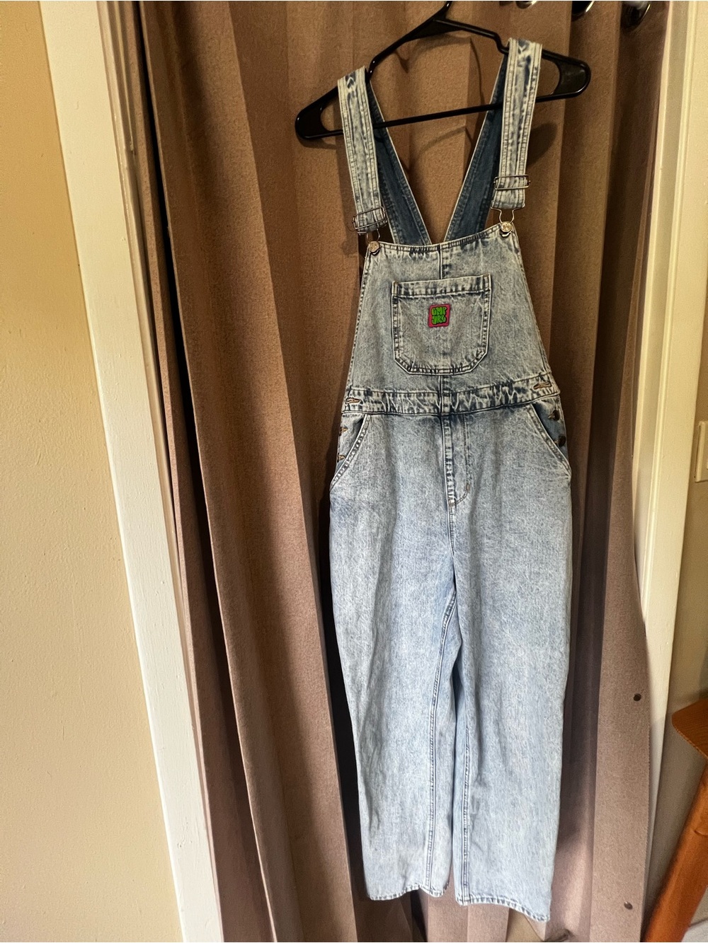 Empyre Light Wash Denim Overalls with Front Pocket Patch sized Medium